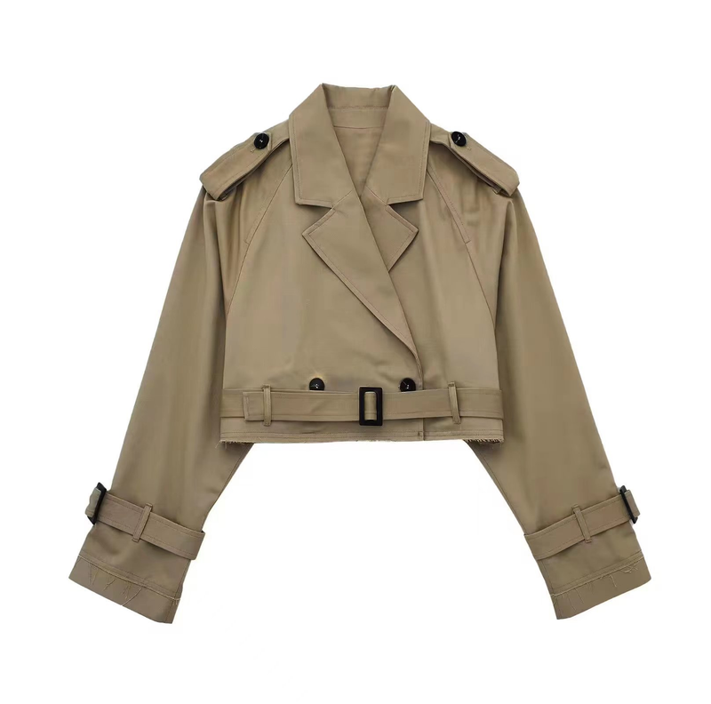 New women's European and American style belted long sleeved short casual windbreaker jacket_autovado.com