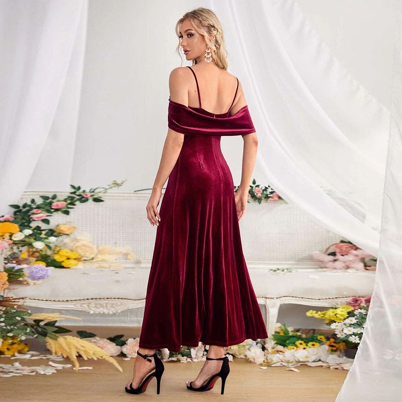 New Women's Evening Party Split Velvet Long Dress Off Shoulder Strap Style Versatile Dress_autovado.com