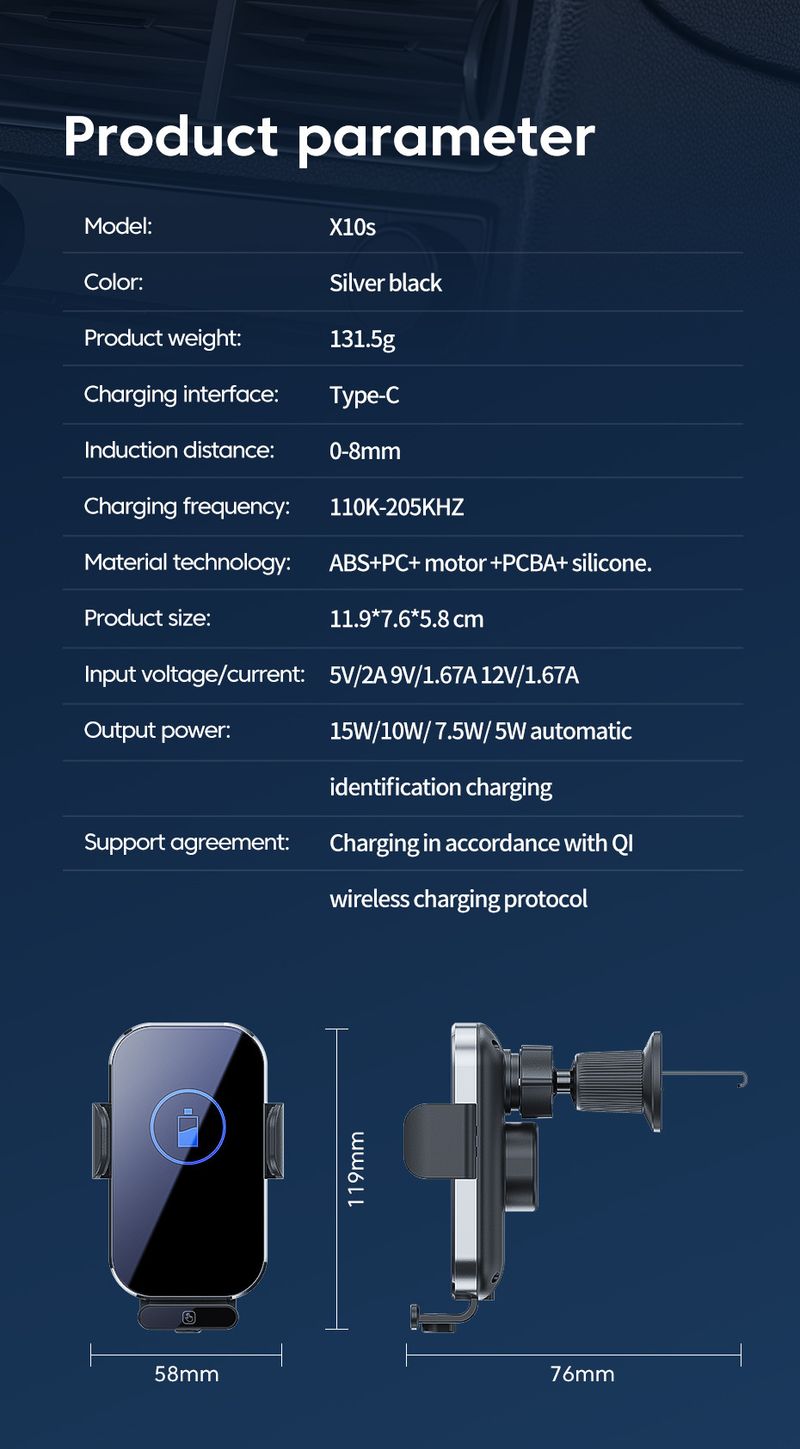 X10s NeW 66W Wireless Super Fast Charging Car Charger Smart Sensor Multi-function Smart Mobile Phone Holder_autovado.com