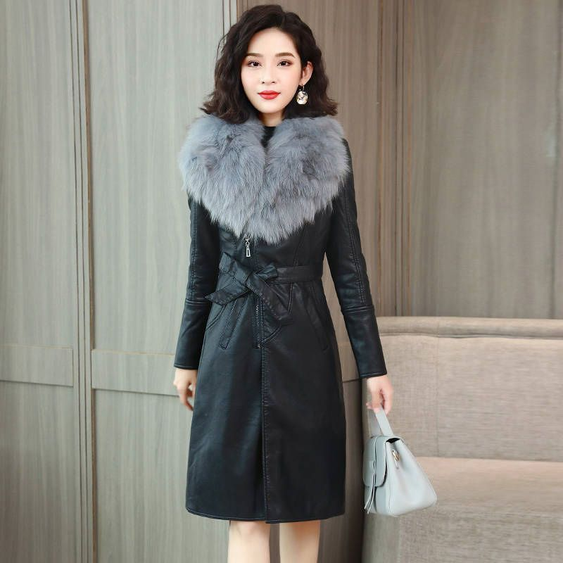Women's large fur collar winter fur coat women plus fleece thickened medium long_autovado.com