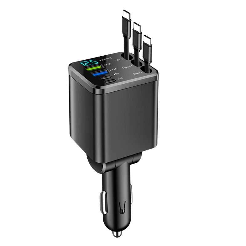 Digital Display Retractable Cable Charger PD Car Super Fast Charging Five-in-One Cigarette Lighter Cross-Border_autovado.com