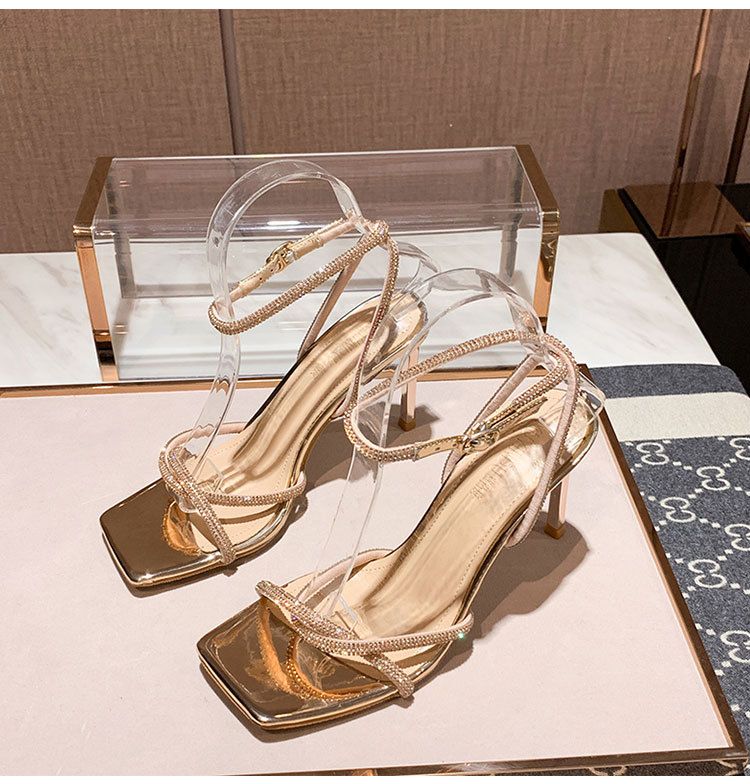 Women's fashion high sense 32-43 open toe square head silver rhinestones all French line with high heels sandals_autovado.com