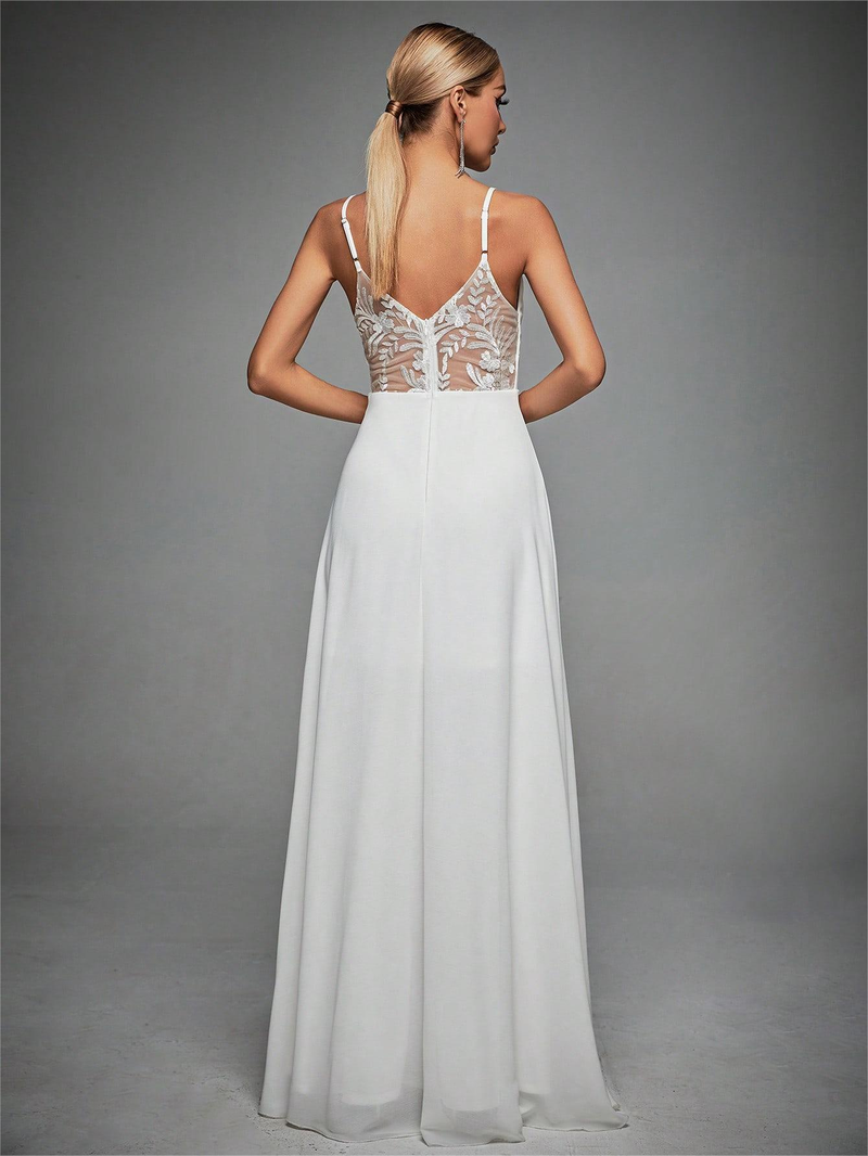 V-neck strappy lace backless evening gown prom dress party dress bridesmaid dress_autovado.com