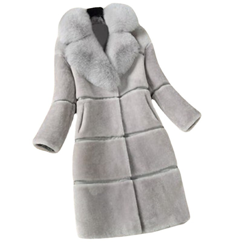 Sheepshear autumn and winter new spliced fur all-in-one mid-length imitation fox fur collar coat and fur jacket_autovado.com