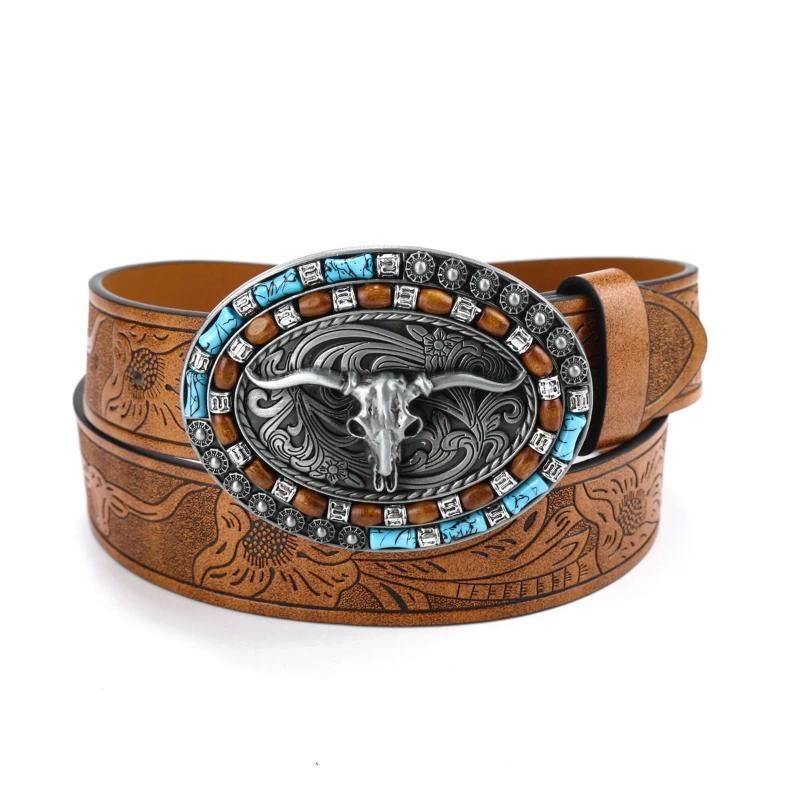 Belts Unisex Western Cowboy Belt Cow Head Buckle Fashion Vintage Beaded Peplum Jeans_autovado.com