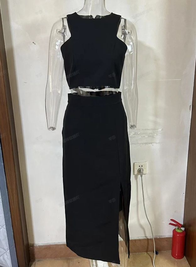 Women's Solid Color Round Neck Sleeveless Top High Waist Slit Skirt Suit_autovado.com