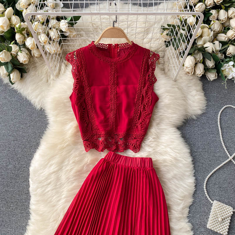 Women's fashion high-waisted lean pressed chiffon skirt two-piece set_autovado.com