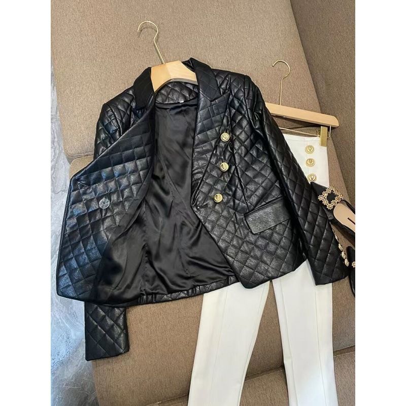 Women's Clothing Black short shoulder pads small casual suit leather jacket suit jacket female pu leather jacket female jacket _autovado.com