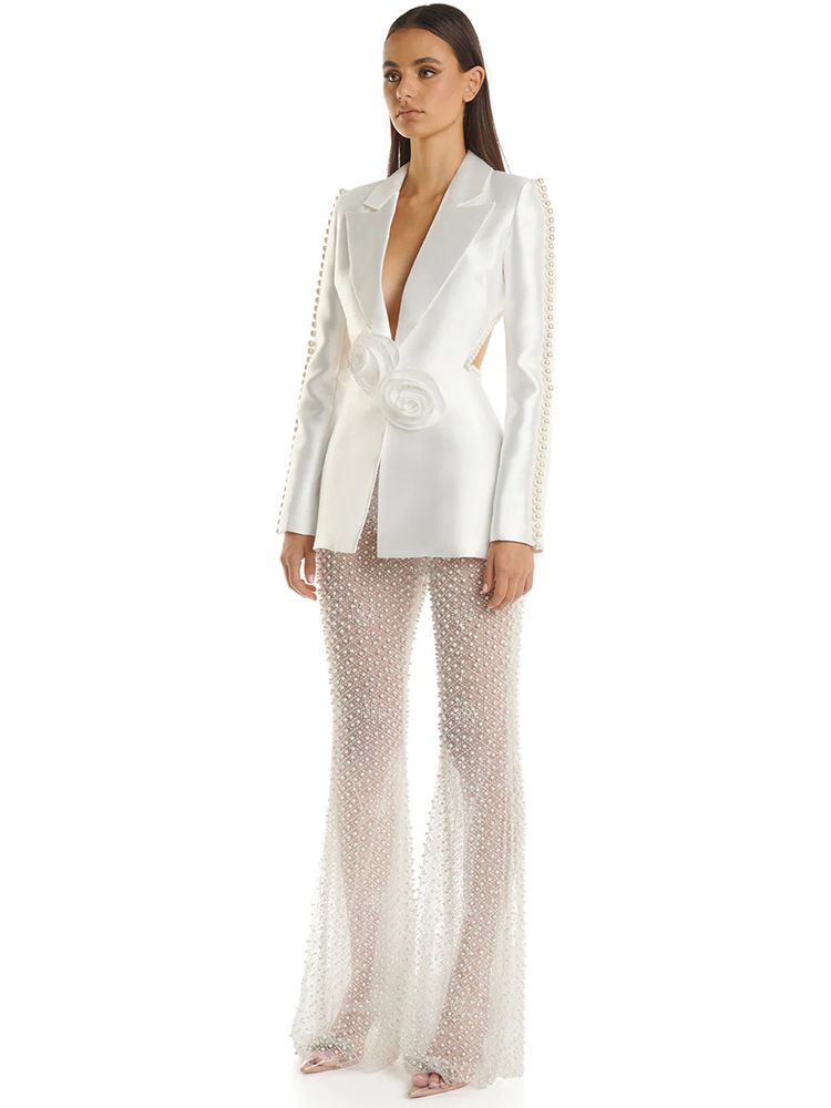 Women's Clothing New Style Hollow Beaded Three Dimensional Flower Suit Pearl Sequin Mesh Trousers Set_autovado.com