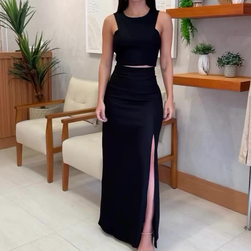 Women's Solid Color Round Neck Sleeveless Top High Waist Slit Skirt Suit_autovado.com