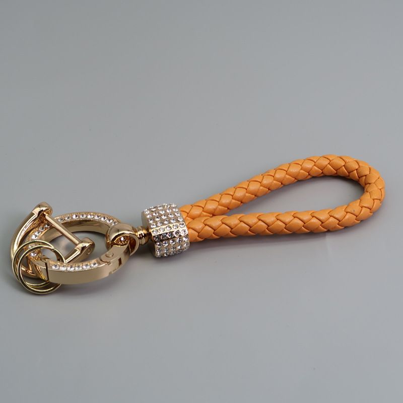 Car Keychain Pendant Diamond-encrusted Keychain Ring Hand Woven Leather Rope Anti-loss D Key Chain_autovado.com