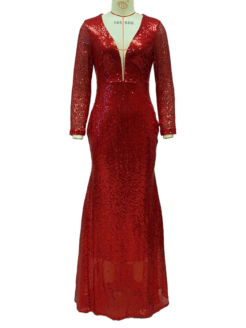 Women's Clothing Women's Dress Fishtail Edge Red Sparkling Long Sleeve V-neck Dress Long Skirt_autovado.com