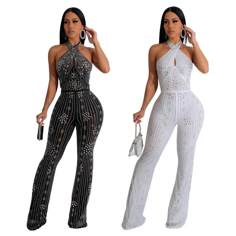 Women's solid color hot diamond sleeveless halterneck trousers jumpsuit_autovado.com