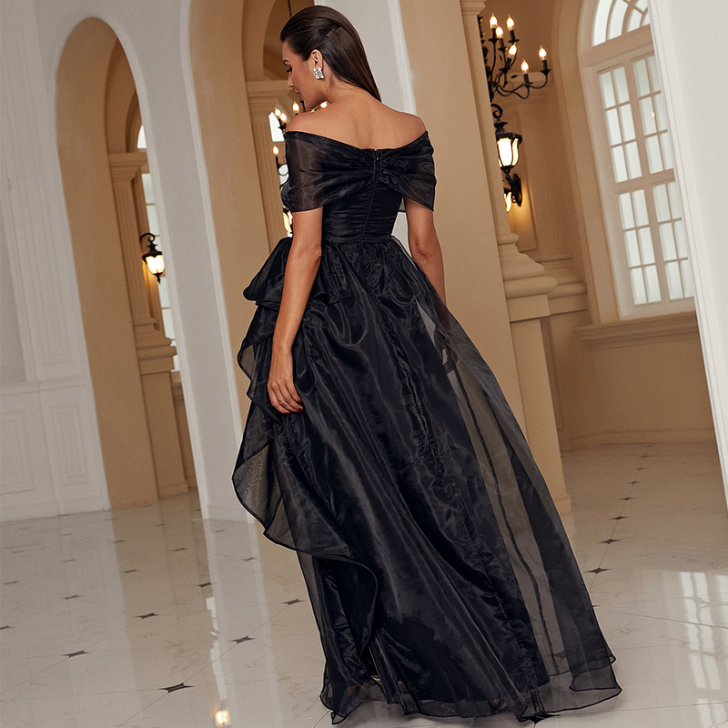 Women's Clothing Adult Black One-word Collar Low-cut Mesh Stitching Pprincess Temperament High-end Evening Dress_autovado.com