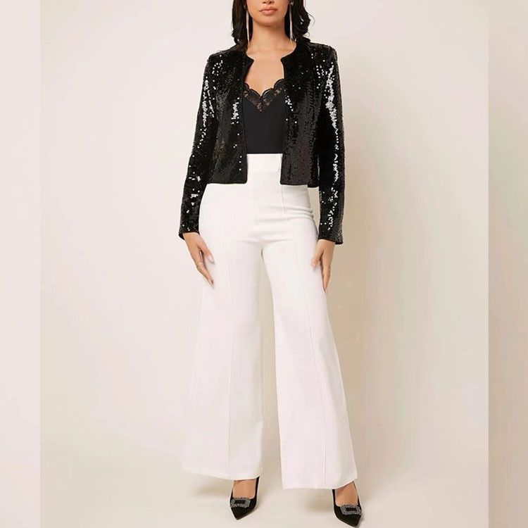 Women's round neck long-sleeved solid color cardigan casual versatile sequined jacket_autovado.com