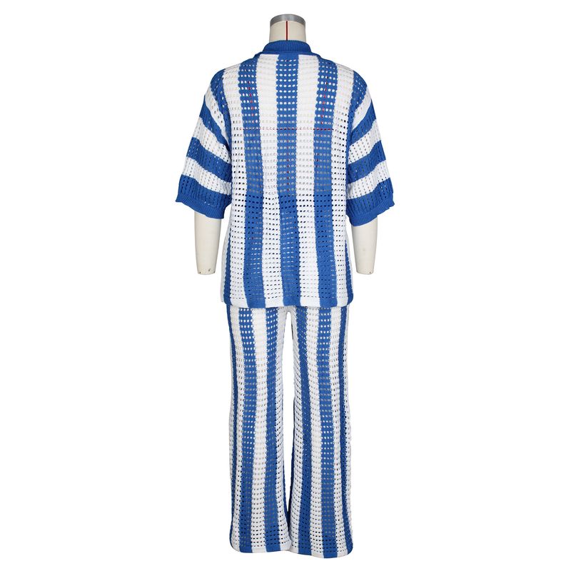 Women's Clothing sexy ladies V-neck hollow striped lapel knitted wide pants suit_autovado.com