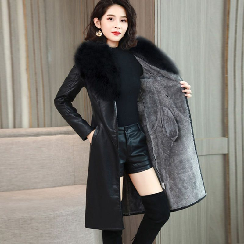 Women's large fur collar winter fur coat women plus fleece thickened medium long_autovado.com
