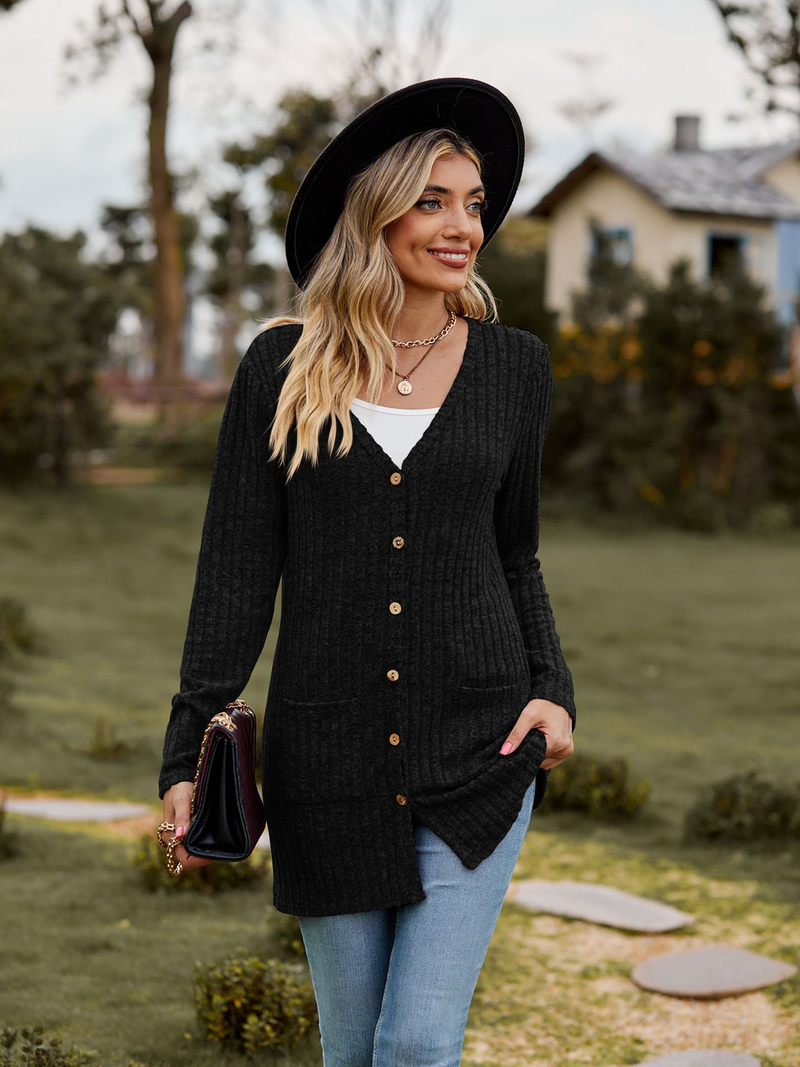 New women's clothing women's brushed pit strip solid color long-sleeved women's cardigan jacket_autovado.com
