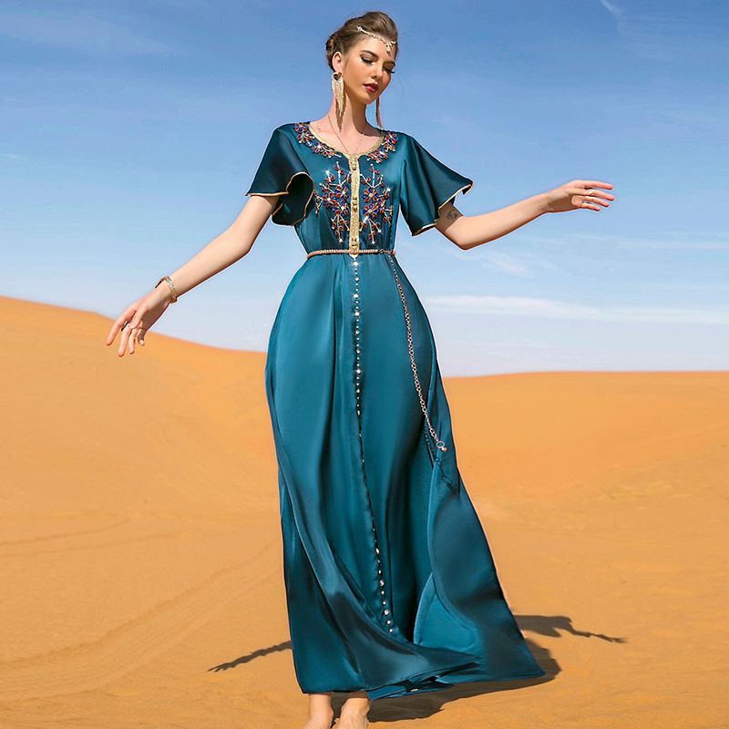 BA7029 new hand-stitched short-sleeved dress travel party lady style long dress_autovado.com