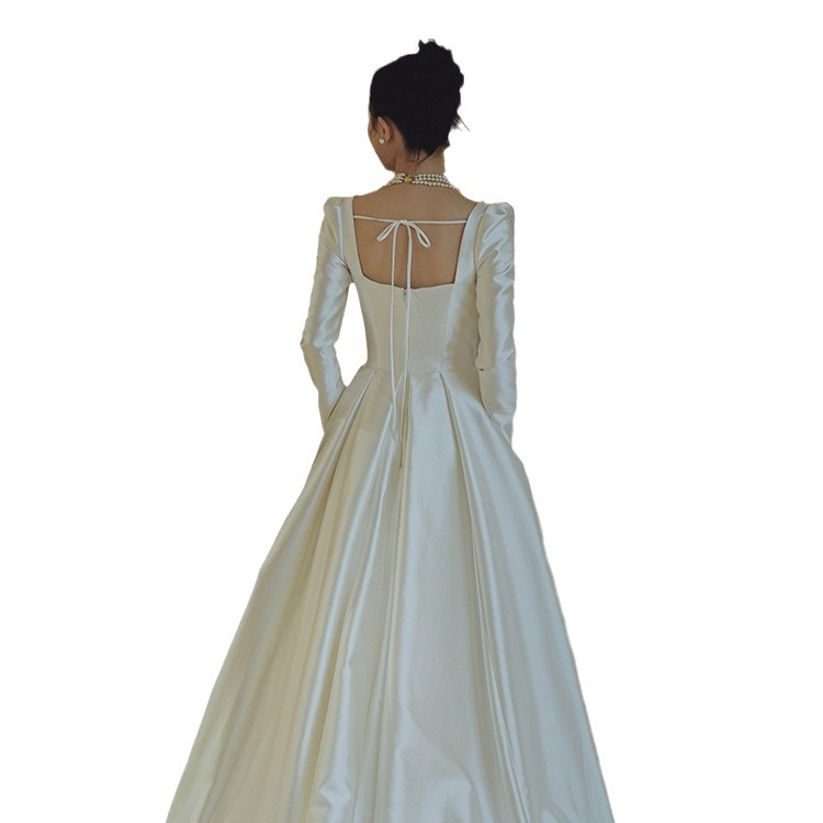 Satin wedding dress bride 2024 new French simple retro long-sleeved wedding dress niche welcome evening dress_autovado.com
