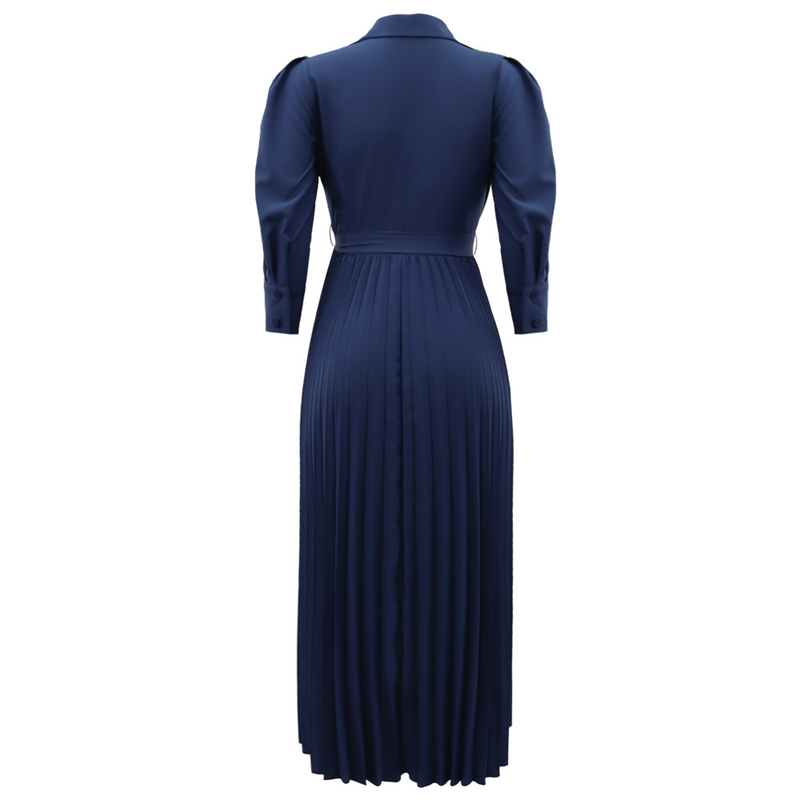 Long sleeved Polo collar high waist fashion casual pleated women's dress_autovado.com