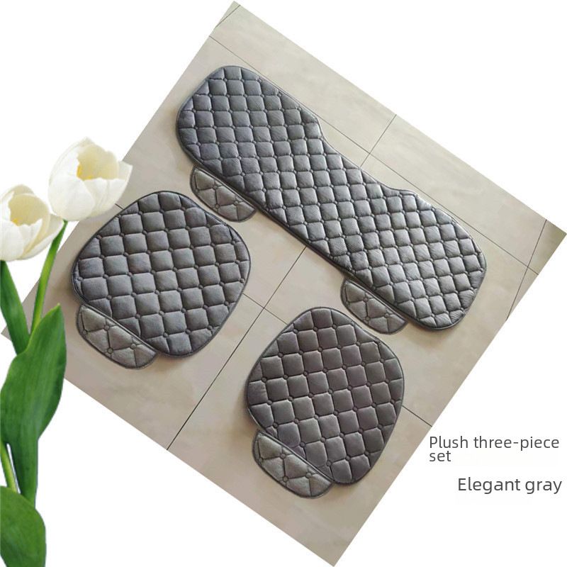 Winter car seat cushion no backrest square embroidered plush tie-free warm three-piece front and rear row single seat cushion_autovado.com