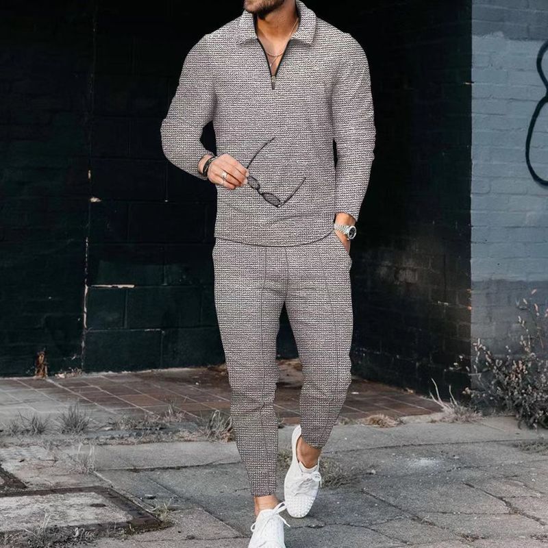 Men's Clothing texture suit long-sleeved polo suit sports pants fashion casual half zipper stand collar suit_autovado.com