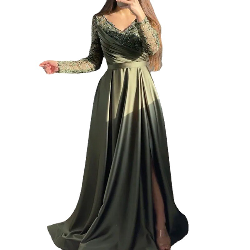 Women's dress chest ruffled red black green mid-waist solid color lace long skirt dress evening gown_autovado.com