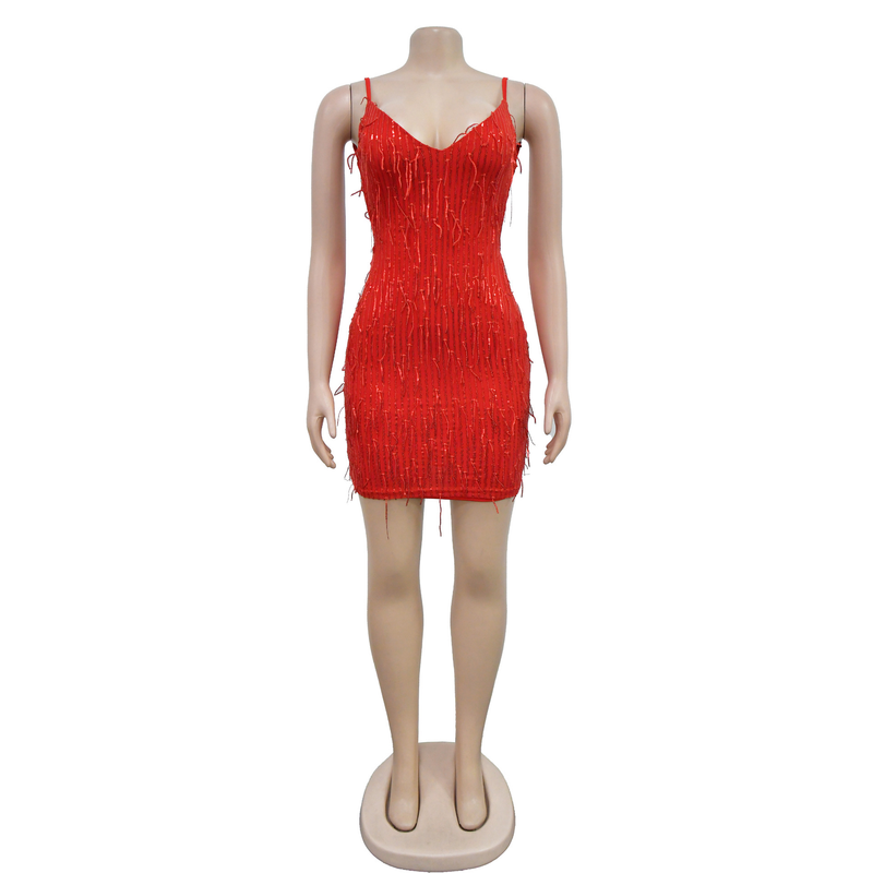 Women's solid color sequined sleeveless V-neck backless dress for women_autovado.com