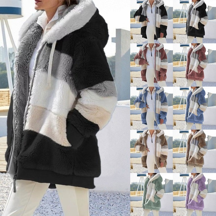 Women's Clothing autumn and winter warm plush patchwork zipper pocket hooded loose coat _autovado.com