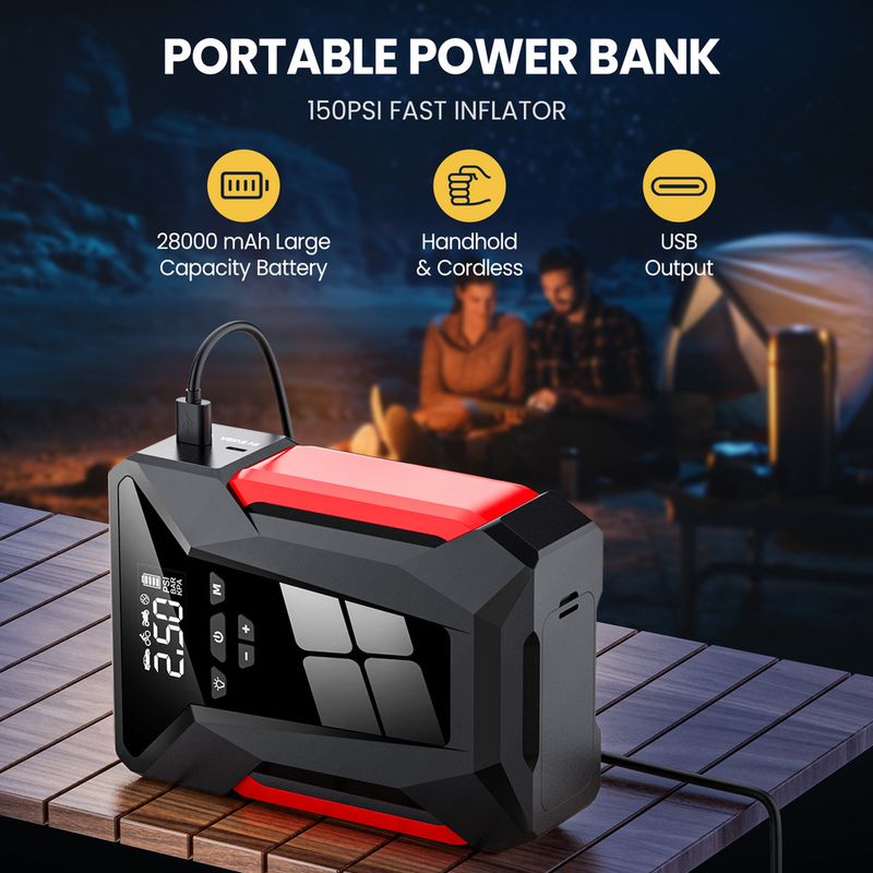 28000 MAh Jump Pump Multi-Function 4In1 Air Compressor Power Bank Battery Starter Start Car Tire Inflator_autovado.com