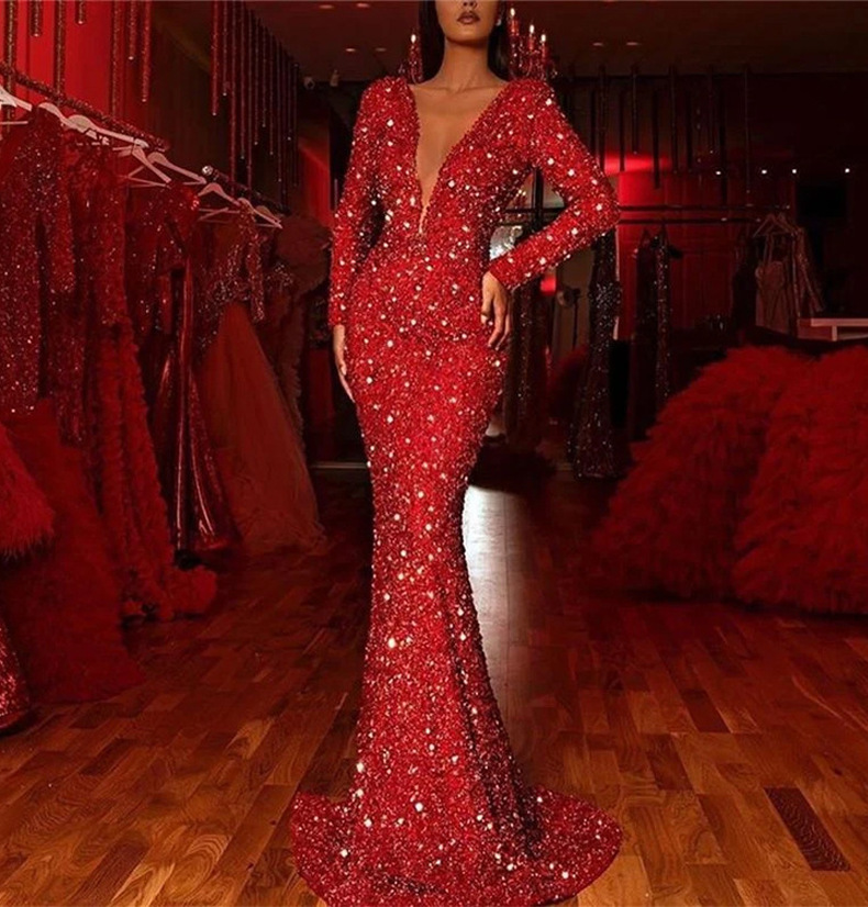 Women's Hip Dress Fishtail Edge Red Sequin Long Sleeve V-Neck Dress_autovado.com