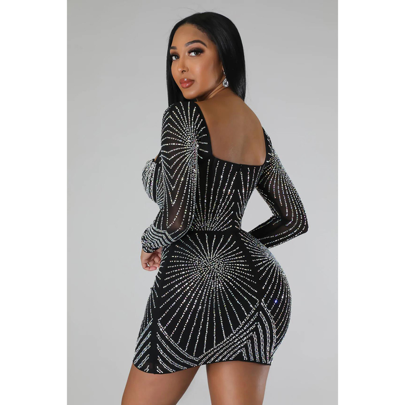 Women's solid color mesh rhinestone long-sleeved short skirt dress_autovado.com