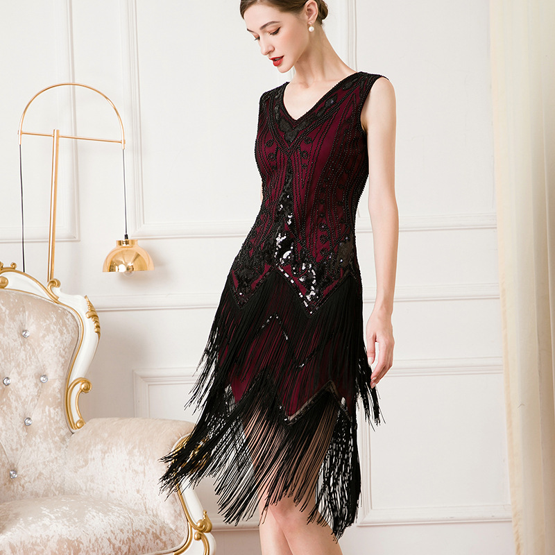 Women's retro 1920 V neck double layer fringed dress Gatsby cocktail ball sequin beaded dress_autovado.com