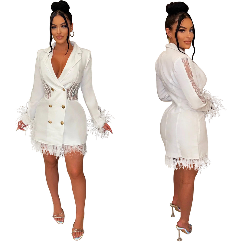 Women's fashion women's V-neck long-sleeved double-breasted tassel openwork dress_autovado.com
