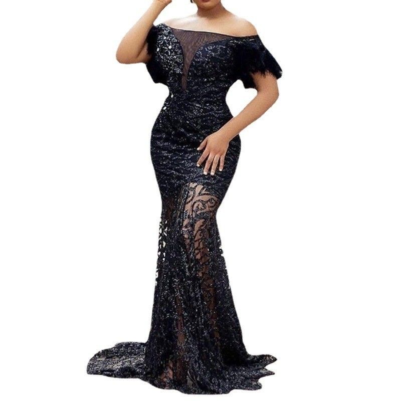 Women's Dress One Shoulder Sequin Slim Hip Mermaid Evening Dress_autovado.com