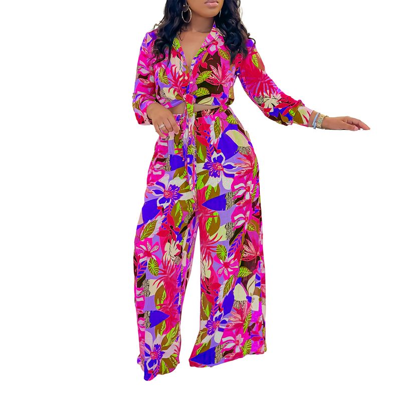 Women's Fashion Print Two-piece Suit Lapel Tie Shirt Wide Leg Pants Suit_autovado.com