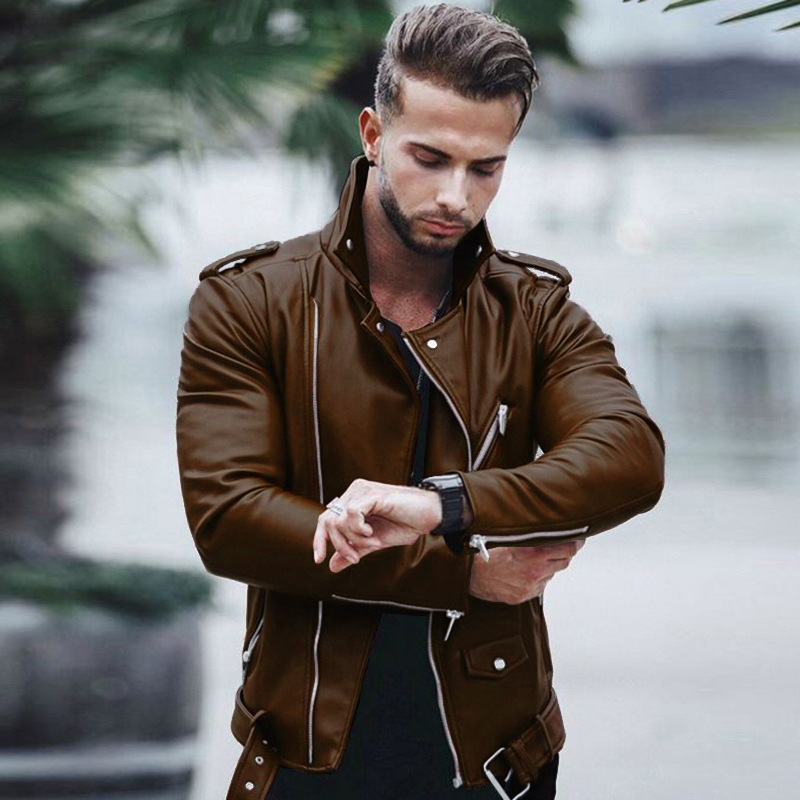 Men's autumn and winter new leather jacket with fashionable lapel zipper motorcycle leather jacket_autovado.com