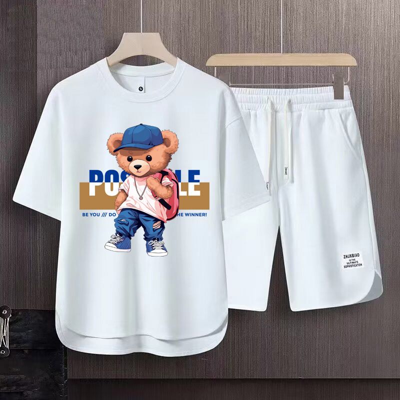 Men's Clothing 2024 Waffle Casual Summer Suit Men's Loose Teen Short sleeved T shirt Shorts Handsome Two piece Suit_autovado.com