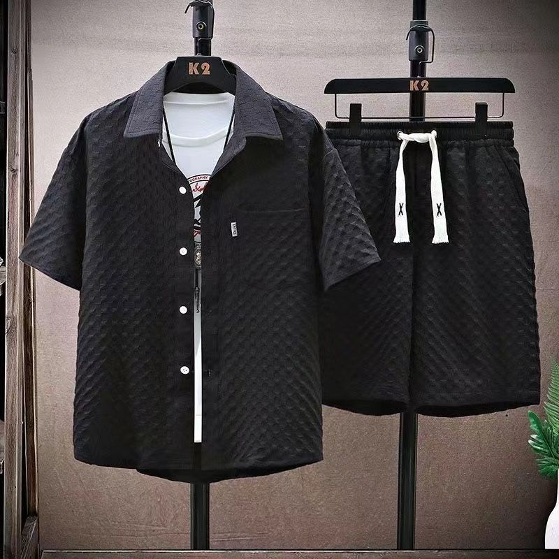 MERCURY Men's Clothing Summer ice silk men's trendy short-sleeved shirt and shorts set waffle thin sports casual two-piece suit_autovado.com