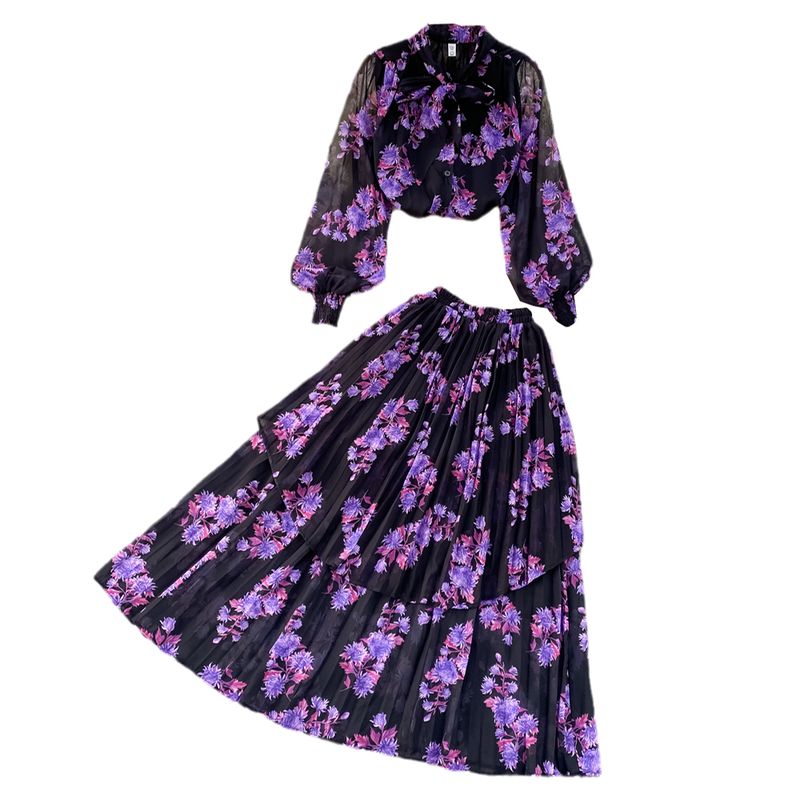 Women's Clothing light mature style, lantern long sleeves, bowknot, loose printed chiffon shirt, two-piece suit, high waist skirt_autovado.com