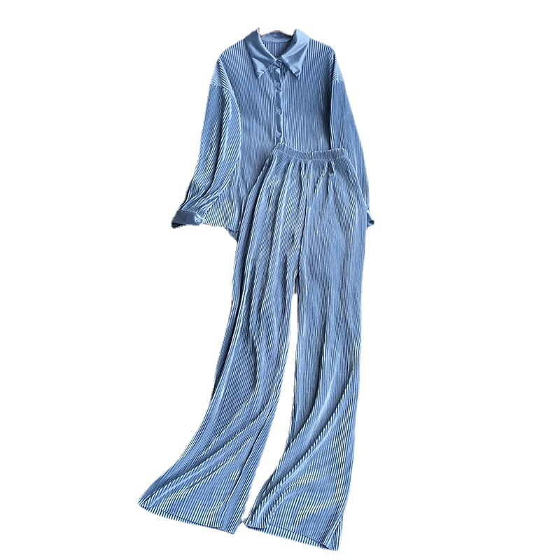 Women's Fashion Clean Color Shirt Two-piece Set Of High Waist Vertical Vertical Wide Leg Pants_autovado.com