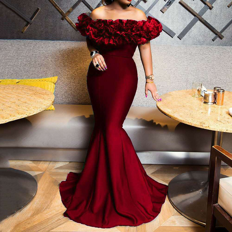 Women's Ruffle One Shoulder Slim Small Trailing Dresses_autovado.com