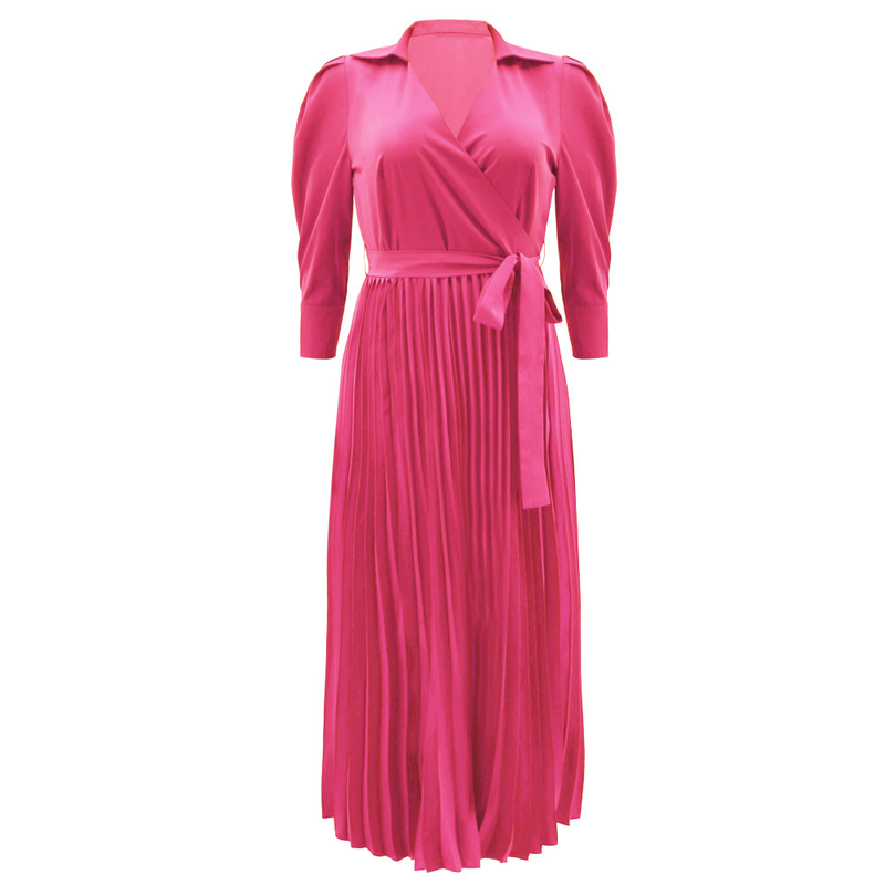 Long sleeved Polo collar high waist fashion casual pleated women's dress_autovado.com