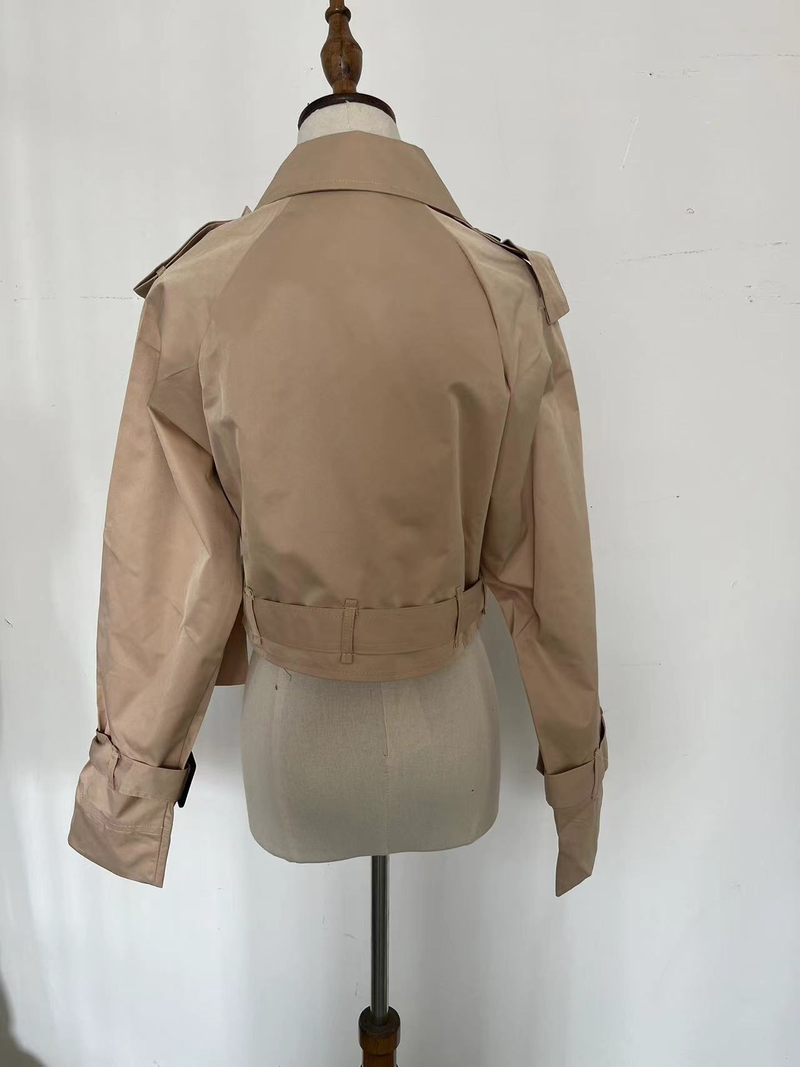 New women's European and American style belted long sleeved short casual windbreaker jacket_autovado.com
