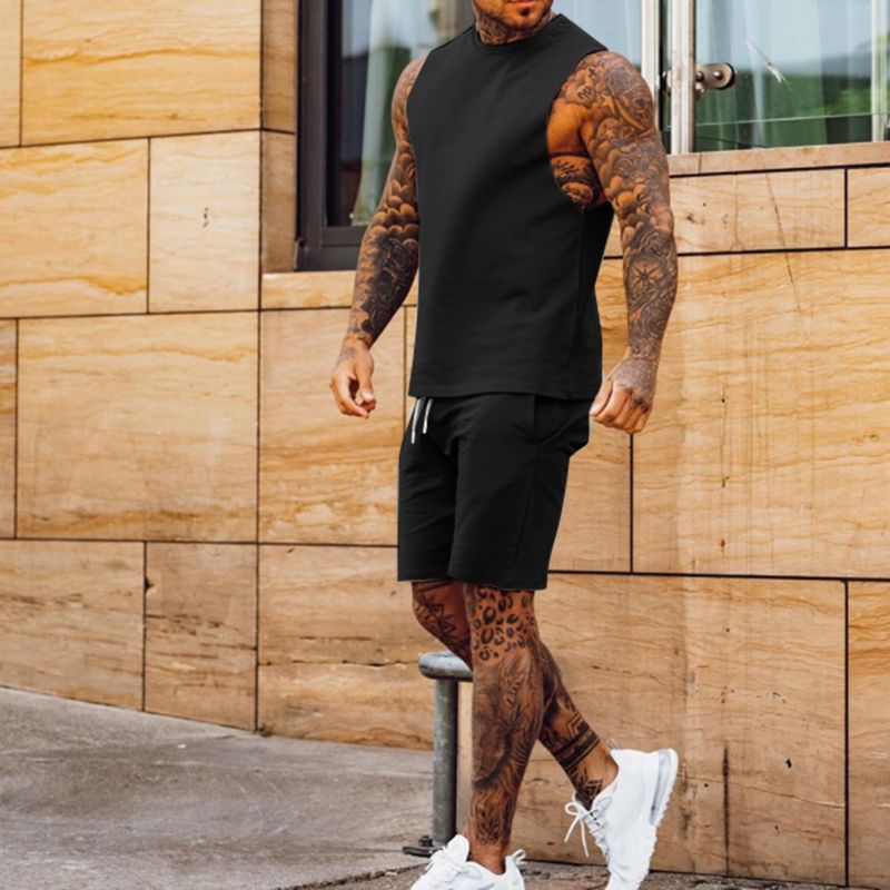 Men's casual thin five-point pants sleeveless top solid color vest shorts two-piece set_autovado.com