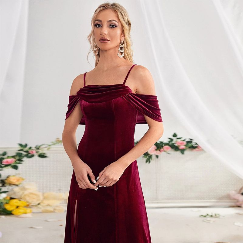 New Women's Evening Party Split Velvet Long Dress Off Shoulder Strap Style Versatile Dress_autovado.com