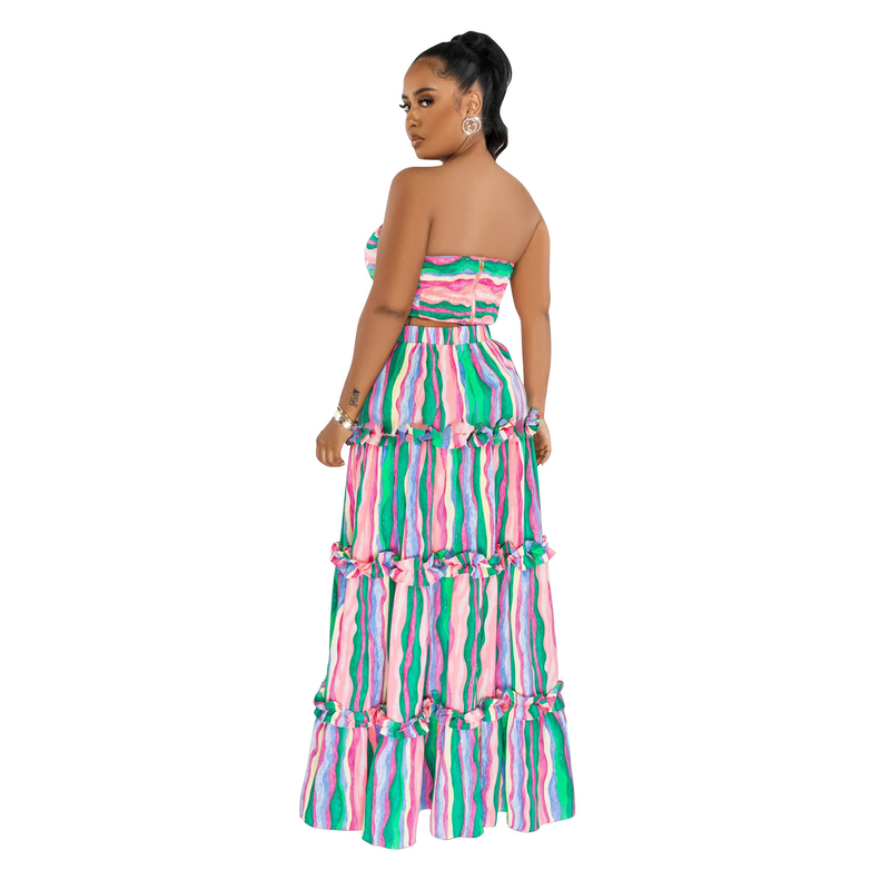 Women's Clothing fashion women's sleeveless tube top striped printed long skirt two-piece set_autovado.com