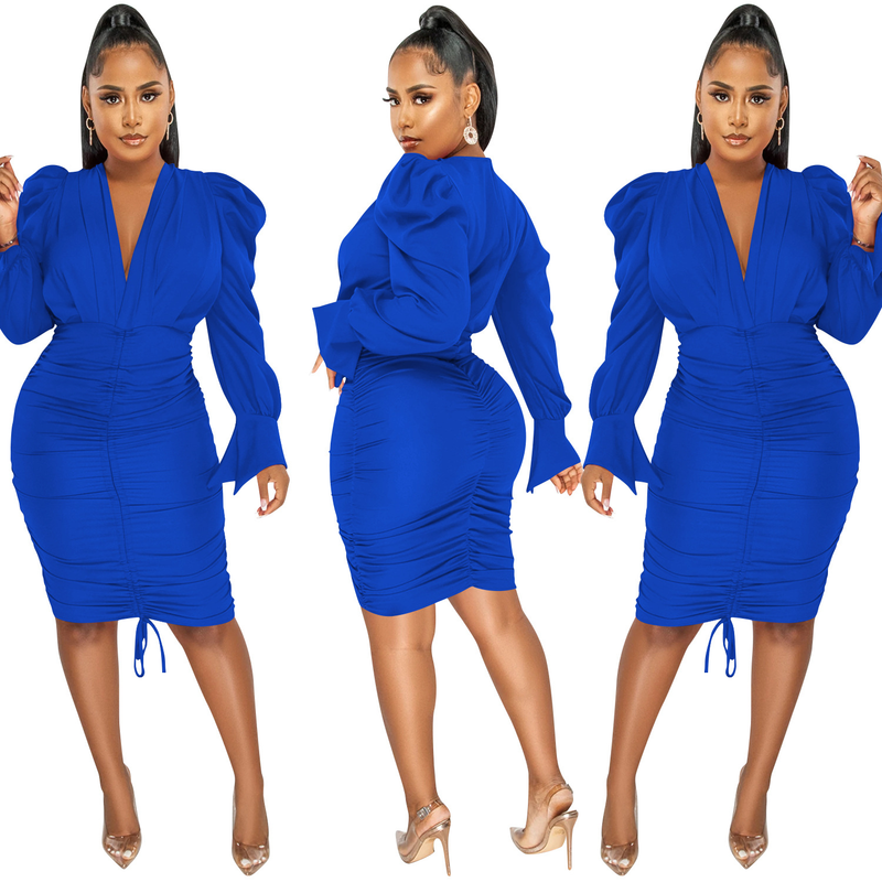 Women's Clothing fashion casual solid color long-sleeved pleated V-neck dress for women_autovado.com
