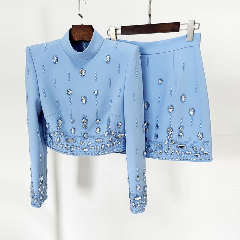 Women's Clothing celebrity fashion new heavy beaded diamond short top skirt suit two piece suit_autovado.com